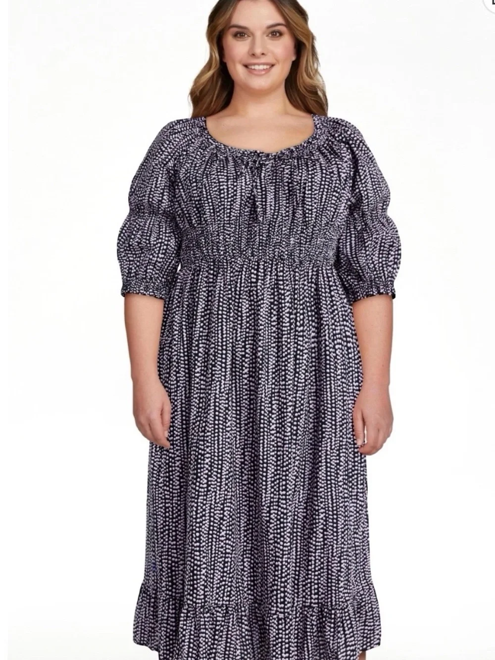Terra & Sky Puff-Sleeve Midi Dress in Navy Dot